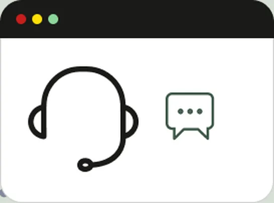 Browser window showing a support headset and chat bubble